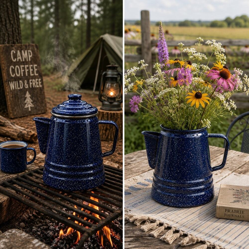 Vtg Blue Speckled Enamelware Coffee Pot Graniteware Camp Cowboy Farm Rustic 7cup